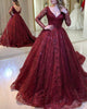 Sparkly Burgundy Quinceanera Dress V-Neck Full Sleeve Sequined Skirts Ball Gown Sweet 16 vestidos de quinceañera AW2207241