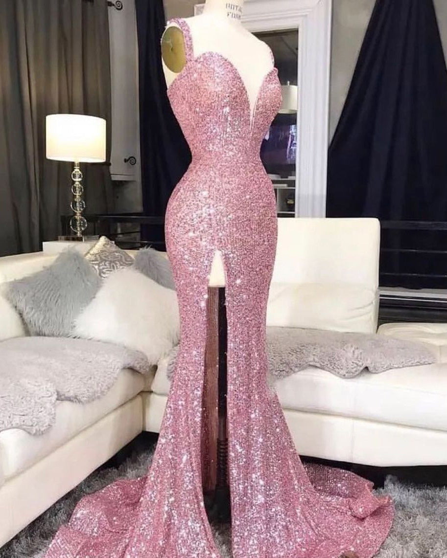 pink prom dress with sequins Hot Abstract Pattern Sequin Strap Back Long 24 Occasion Sparkly Pink Prom Dresses Sexy