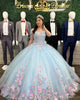 Light Blue Quinceanera Dresses 3D Flowers Off The Shoulder Puffy Ball Gown vestidos de quinceañera