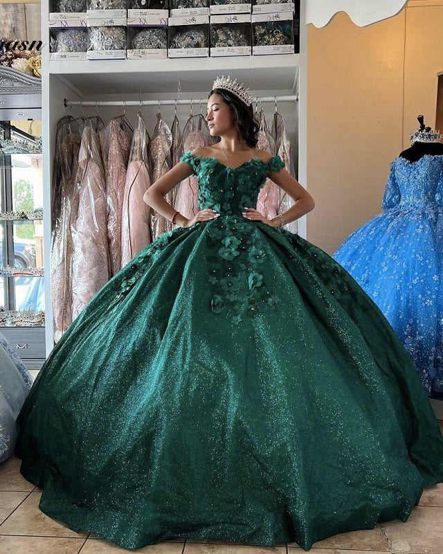 Charming Off Shoulder Black Appliques Green Satin Ball Gown Prom Gown –  AlineBridal