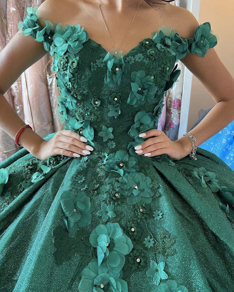 Emerald Green Lace Floral Quinceanera Dresses Sparkly Sequins Sweet 16 angelaweddings Emerald Green Lace Floral Quinceanera Dresses Sparkly Sequins Sweet 16 angelaweddings