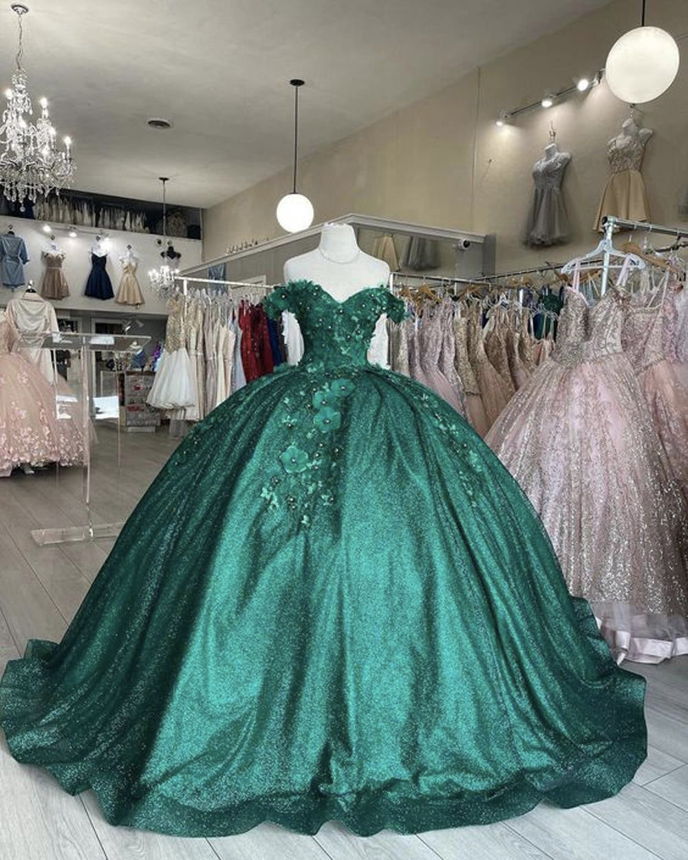 Sparkly Emerald Green Lace Floral Quinceanera Dresses Sequined Sweet 16 Dress Ball Gown Real Photos Sparkly Emerald Green Lace Floral Quinceanera Dresses Sequined Sweet 16 Dress Ball Gown Real Photos