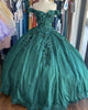 Sparkly Emerald Green Lace Floral Quinceanera Dresses Sequined Sweet 16 Dress Ball Gown Real Photos