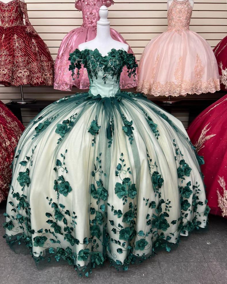 Delicate Emerald Green Tulle Quinceanera Dresses 3D Flowers Sweet 16 Puffy Tulle Ball Gown vestidos de quinceaera Delicate Emerald Green Tulle Quinceanera Dresses 3D Flowers Sweet 16 Puffy Tulle Ball Gown vestidos de quinceaera