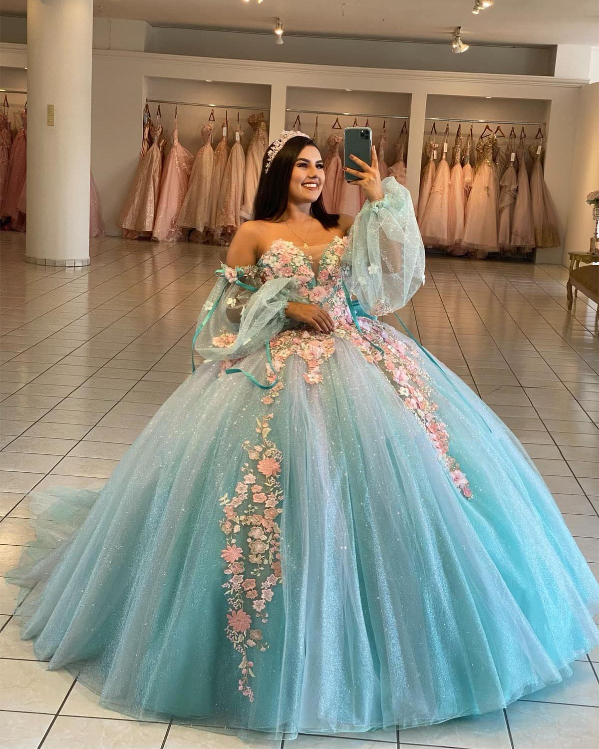 Beautiful Ice Blue Quinceanera Dress with 3D Flowers Floral Sweet 16 Dress Puffy Tulle Ball Gown vestidos de quinceaera Beautiful Ice Blue Quinceanera Dress with 3D Flowers Floral Sweet 16 Dress Puffy Tulle Ball Gown vestidos de quinceaera