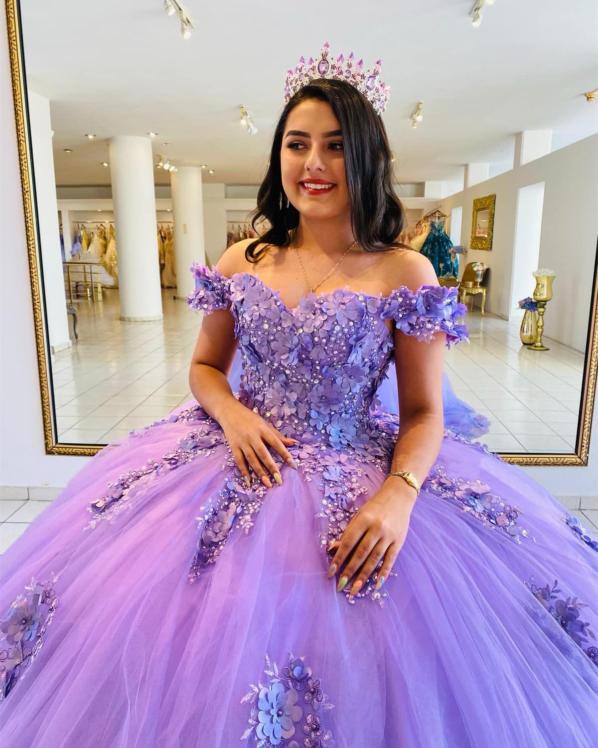cute purple quinceanera dresses Quinceanera Dress Glamorous Purple Floral Lace Off-the-Shoulder Purple / 00
