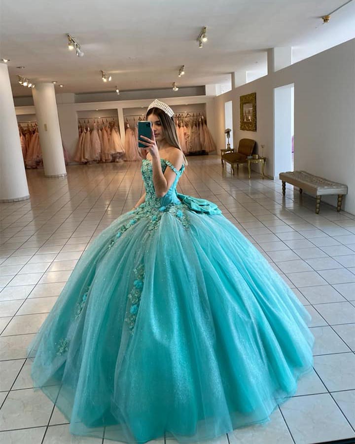 Beautiful Turquoise Quinceanera Dress with Big Bow 3D Lace Floral Swee angelaweddings Beautiful Turquoise Quinceanera Dress with Big Bow 3D Lace Floral Swee angelaweddings