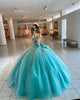 Beautiful Turquoise Quinceanera Dress with Big Bow 3D Lace Floral Sweet 16 Dresses Ball Gown Tulle vestidos de quinceañera