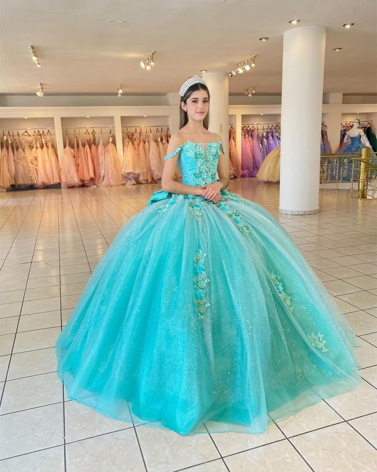 Beautiful Turquoise Quinceanera Dress with Big Bow 3D Lace Floral Sweet 16 Dresses Ball Gown Tulle vestidos de quinceaera Beautiful Turquoise Quinceanera Dress with Big Bow 3D Lace Floral Sweet 16 Dresses Ball Gown Tulle vestidos de quinceaera