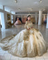 Princess Gold Lace Wedding Dress Beaded Pearls Sheer Neckline Long Sleeve Saudi Lace Bridal Wedding Gowns 2023