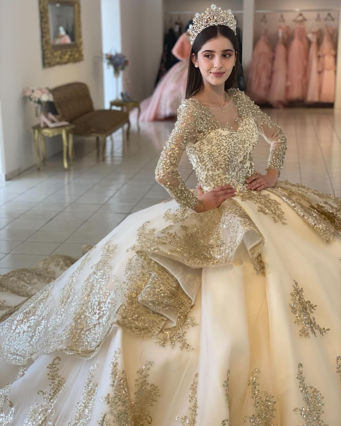 Princess Gold Lace Wedding Dress Beaded Pearls Sheer Neckline Long Sleeve Saudi Lace Bridal Wedding Gowns 2023 Princess Gold Lace Wedding Dress Beaded Pearls Sheer Neckline Long Sleeve Saudi Lace Bridal Wedding Gowns 2023