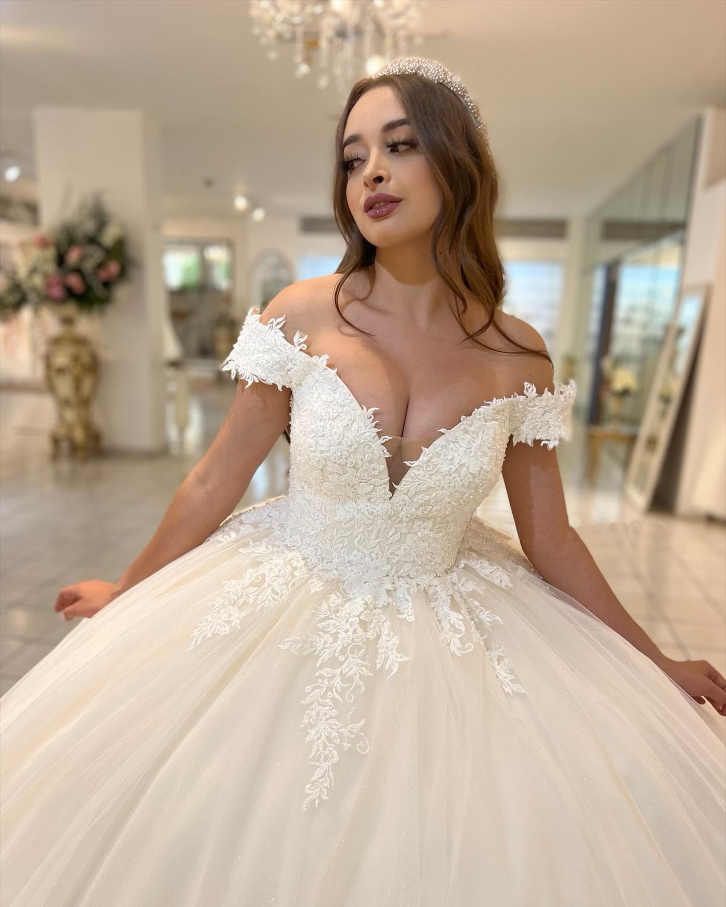 Delicate Ivory Tulle Wedding Dress Cap Sleeves V-Neckline Lace