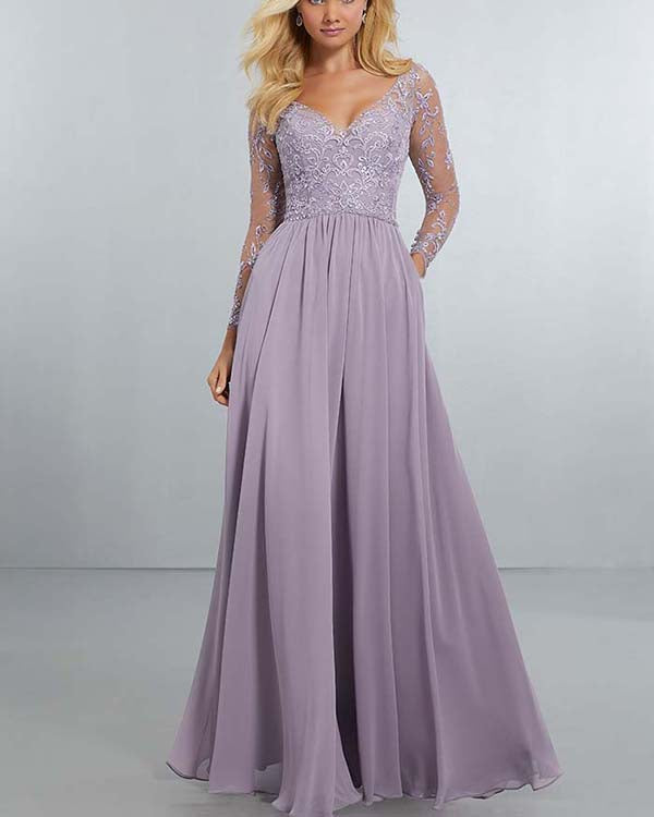 Sexy Sheer Long Sleeve Bridesmaid Dresses V-Neck Beadings Light Purple Chiffon Bridesmaid Dress Sexy Sheer Long Sleeve Bridesmaid Dresses V-Neck Beadings Light Purple Chiffon Bridesmaid Dress