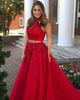 Delicate Red Lace Prom Dresses with Halter Long Tulle Two Pieces Prom Gowns 2018