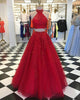 Delicate Red Lace Prom Dresses with Halter Long Tulle Two Pieces Prom Gowns 2018