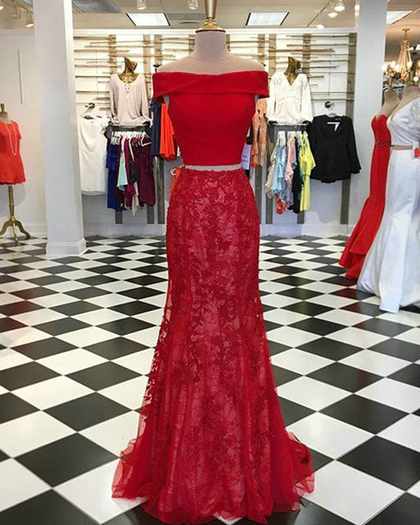 Off The Shoulder Mermaid Prom Dresses with Lace Two Piece Formal Evening Gowns 2018 Off The Shoulder Mermaid Prom Dresses with Lace Two Piece Formal Evening Gowns 2018