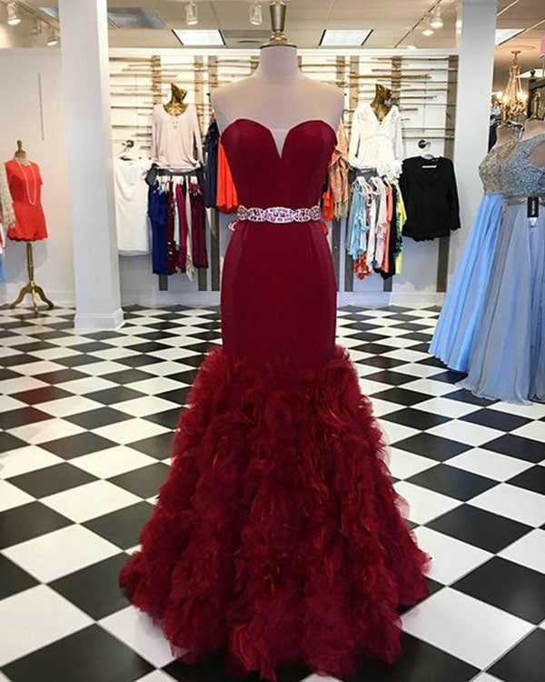 Modest Burgundy Mermaid Prom Dresses Sash Organza Ruffles Strapless Long Party Gowns Modest Burgundy Mermaid Prom Dresses Sash Organza Ruffles Strapless Long Party Gowns