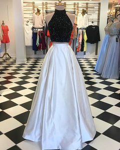 two-piece-prom-dresses-black-beading-white-satin floor-length-prom-dress prom-dresses-halter prom-gowns-with-beading party-gowns -cocktail-dresses homecoming-dresses graduation-dress evening-dresses formal-dress evening-gowns elegant fashion modest delicate beautiful 