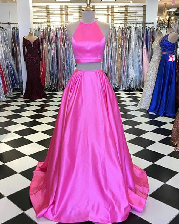 Hot Pink Two Piece Prom Dresses 2018 Fashion Elastic Satin Long Prom Party Gowns Long Hot Pink Two Piece Prom Dresses 2018 Fashion Elastic Satin Long Prom Party Gowns Long