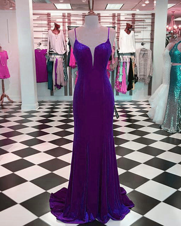 prom 2018 dresses Sexy Purple Mermaid Prom Dresses with Spaghetti Straps Long Velvet Evening Party Gowns