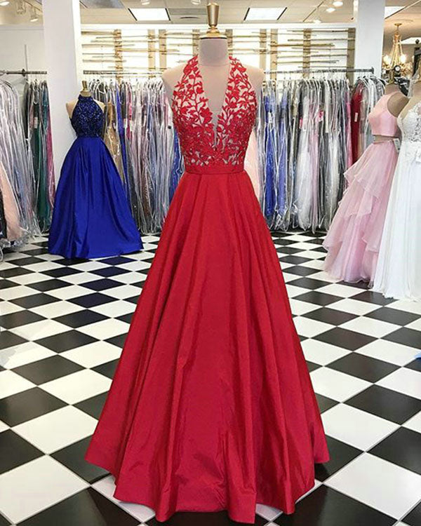 Elegant Halter Red Satin Prom Dresses with Lace Long Party Gowns 2018 Elegant Halter Red Satin Prom Dresses with Lace Long Party Gowns 2018