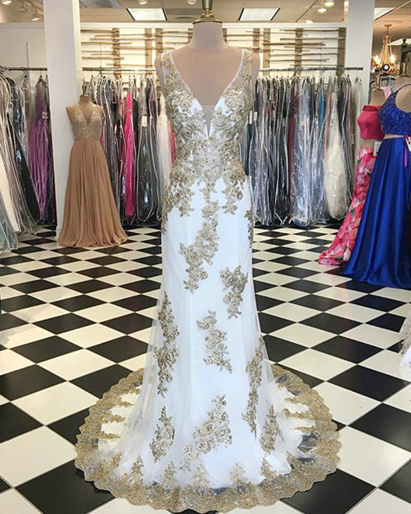 White Mermaid Prom Dresses with Gold Lace Deep V-Neckline 2018 Prom Party Gowns Court Train White Mermaid Prom Dresses with Gold Lace Deep V-Neckline 2018 Prom Party Gowns Court Train