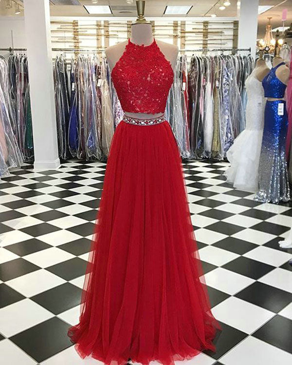 red lace two piece prom dress Black Lace Red Stain Skirt empire waist Prom dress