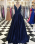 Navy Blue Elastic Satin Prom Dresses with V Neckline 2018 Elegant Prom Gowns with Beadings