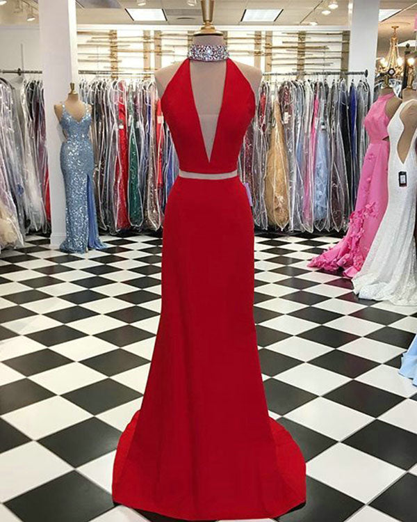 Sexy Red Mermaid Prom Dresses with Halter Beaded 2018 Two Piece Prom Party Gowns New Fashion Sexy Red Mermaid Prom Dresses with Halter Beaded 2018 Two Piece Prom Party Gowns New Fashion