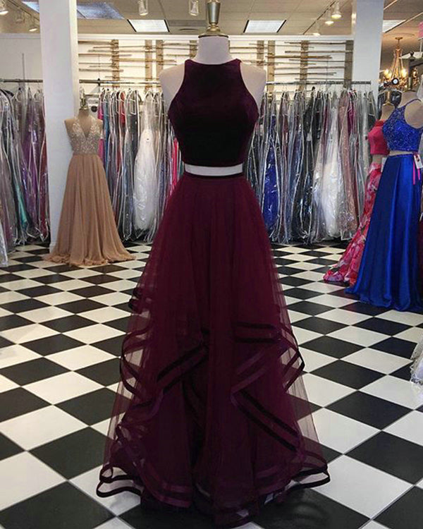 Popular Burgundy Prom Dresses with Tulle Ruffles 2018 Two Piece Prom Party Gowns O-Neck Popular Burgundy Prom Dresses with Tulle Ruffles 2018 Two Piece Prom Party Gowns O-Neck