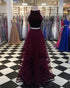Popular Burgundy Prom Dresses with Tulle Ruffles 2018 Two Piece Prom Party Gowns O-Neck