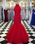 Simple Red Satin Mermaid Evening Dresses Tulle Ruffles 2018 Sexy Evening Gowns Long