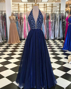 Navy Blue Elastic Satin Prom Dresses with Sequins Beaded 2018 Elegant Prom Gowns Halter