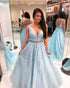 Light Blue Modest Prom Dresses with Lace V Neck Tulle Ball Gown Ruffles Party Dress 2020