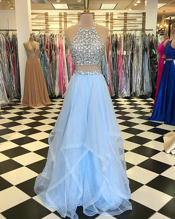 Light Blue Prom Dresses with Pearls Beaded Rhinestones Tulle Ruffles Two Piece Prom Dress New Arrival Light Blue Prom Dresses with Pearls Beaded Rhinestones Tulle Ruffles Two Piece Prom Dress New Arrival