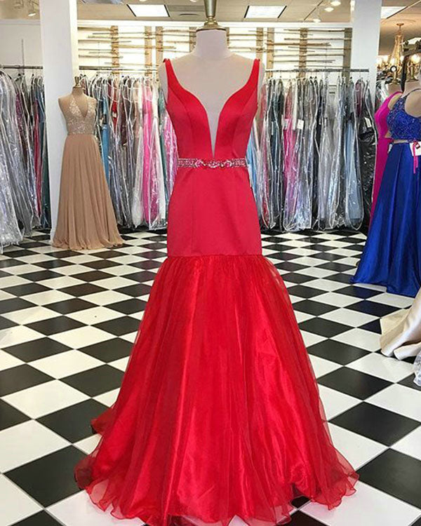 2020 Red Mermaid Prom Dresses with Deep V Neck Elegant Long Prom Gowns with Belt Beaded 2020 Red Mermaid Prom Dresses with Deep V Neck Elegant Long Prom Gowns with Belt Beaded