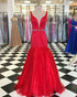 2020 Red Mermaid Prom Dresses with Deep V Neck Elegant Long Prom Gowns with Belt Beaded