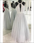 2018 Silver Tulle Prom Dresses Beaded Halter Neckline Sexy A-line Prom Evening Gowns Long