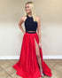 Fashion 2018 Two Piece Prom Dresses Black Lace Red Satin Long Prom Gowns with Split Side