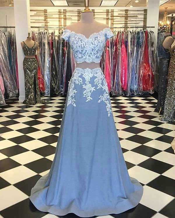 Light Blue Lace Prom Dresses with Cap Sleeve 2018 Two Piece Prom Party Gowns Appliques Light Blue Lace Prom Dresses with Cap Sleeve 2018 Two Piece Prom Party Gowns Appliques
