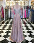 Blush Pink Silk Chiffon Prom Dresses with Sequins Beaded 2018 Elegant Prom Gowns V-Neck