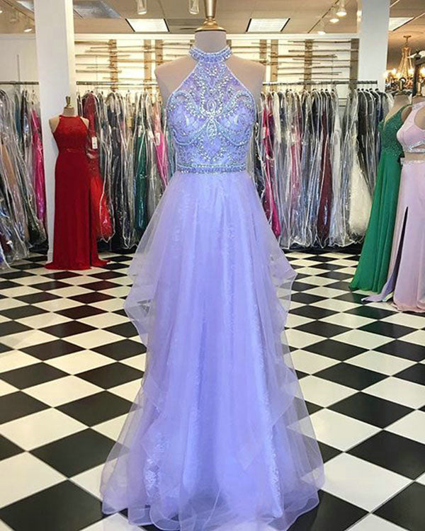 Popular Purple Prom Dresses with Halter Neckline Beaded Long Prom Gowns 2018 Shinny Style Popular Purple Prom Dresses with Halter Neckline Beaded Long Prom Gowns 2018 Shinny Style