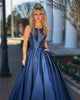Modest 2018 A line Prom Dresses with Scoop Fashion Navy Blue Satin Prom Dress Floor Length