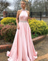 2018 Pink Prom Dresses with Halter Beaded Elastic Satin A line Long Prom Gowns with Belt