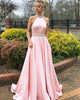 2018 Pink Prom Dresses with Halter Beaded Elastic Satin A line Long Prom Gowns with Belt