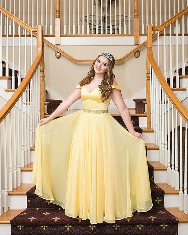 Off The Shoulder 2018 Yellow Prom Dresses with Belt Beaded Long Prom Gowns for Party Fashion Off The Shoulder 2018 Yellow Prom Dresses with Belt Beaded Long Prom Gowns for Party Fashion