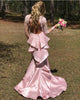 Beautiful Pink Satin Mermaid Prom Dresses with Sheer Long Lace Sleeve Sexy Prom Party Gowns Open Back