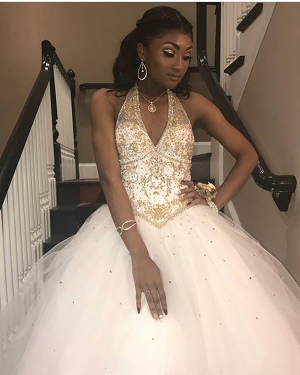 Popular White Quinceanera Dresses with Gold Beadings Sexy Halter Neckline Tulle Ball Gowns Sweet 16 Dress Popular White Quinceanera Dresses with Gold Beadings Sexy Halter Neckline Tulle Ball Gowns Sweet 16 Dress