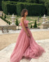 Delicate Strapless Blush Pink Tulle Prom Dresses with Ruffles 2018 Long Prom Gowns with Belt