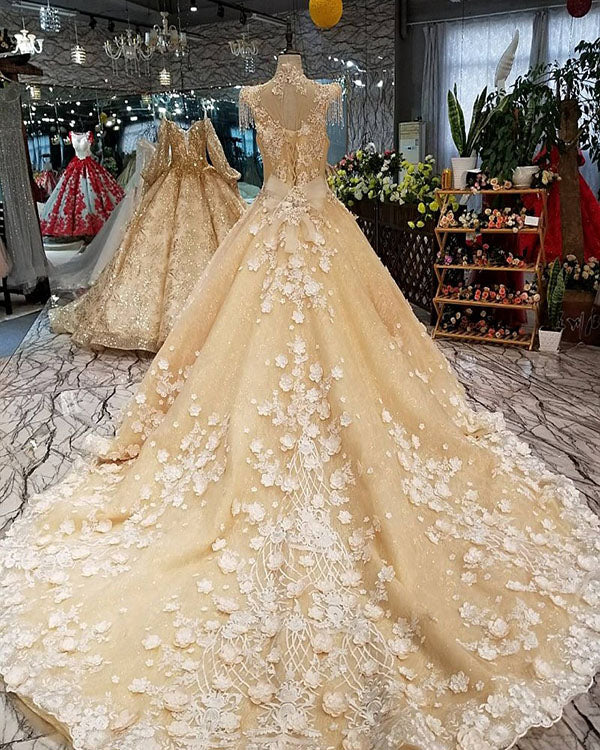 Champagne Gold Ball Gown Wedding Dresses with High Neck 2018 Bridal Gowns with Flowers Champagne Gold Ball Gown Wedding Dresses with High Neck 2018 Bridal Gowns with Flowers